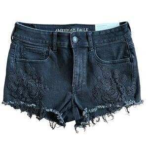 American Eagle Super Stretch X4 Hi Rise Shortie Denim Shorts Sz 6 Black Lace